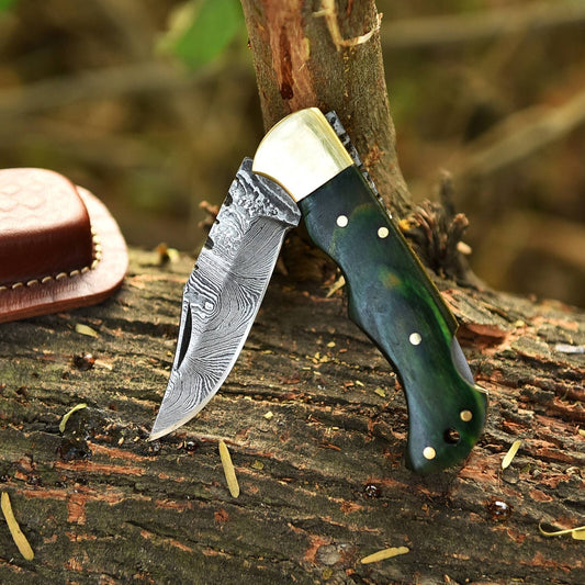 Premium Handmade Folding Knife Gift – Green Wood Handle