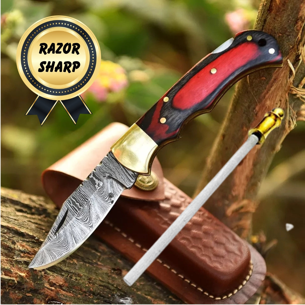 Premium Handmade Damascus Folding Knife – Red & Black Wood
