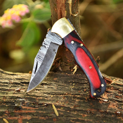 Premium Handmade Damascus Folding Knife – Red & Black Wood