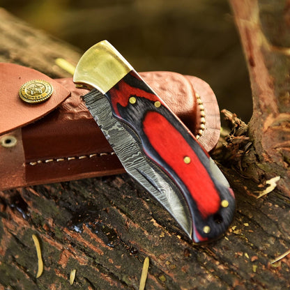 Premium Handmade Damascus Folding Knife – Red & Black Wood