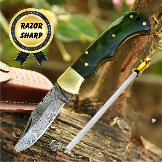 Premium Handmade Folding Knife Gift – Green Wood Handle