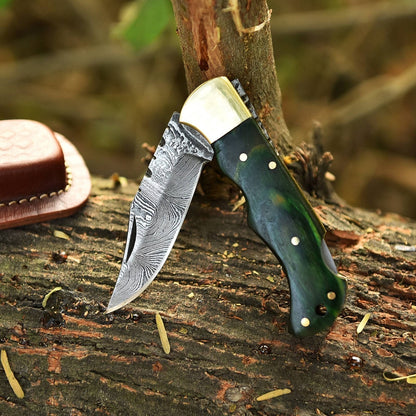 Premium Handmade Folding Knife Gift – Green Wood Handle