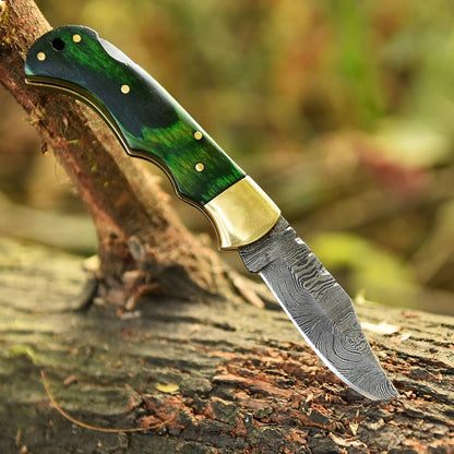 Premium Handmade Folding Knife Gift – Green Wood Handle