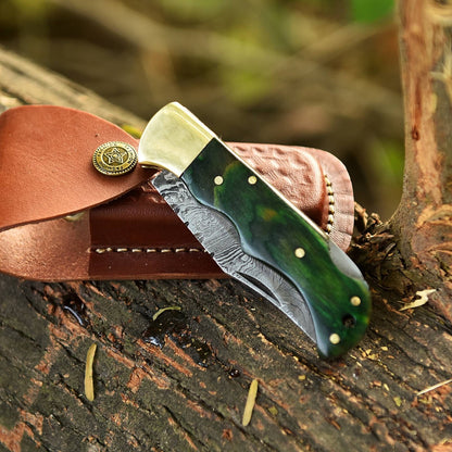 Premium Handmade Folding Knife Gift – Green Wood Handle