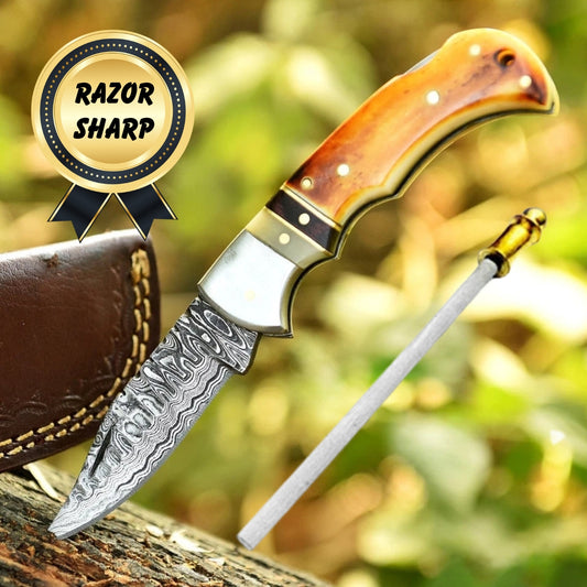 Handmade Folding Knife Gift  Fire Bone Handle Damascus Steel