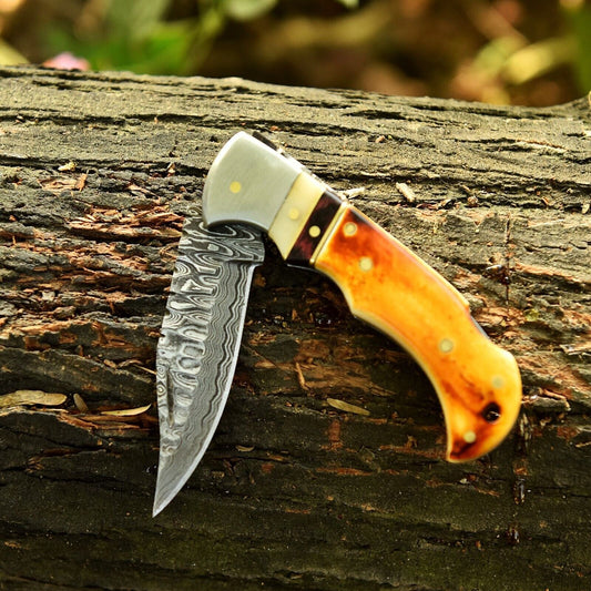 Handmade Folding Knife Gift  Fire Bone Handle Damascus Steel