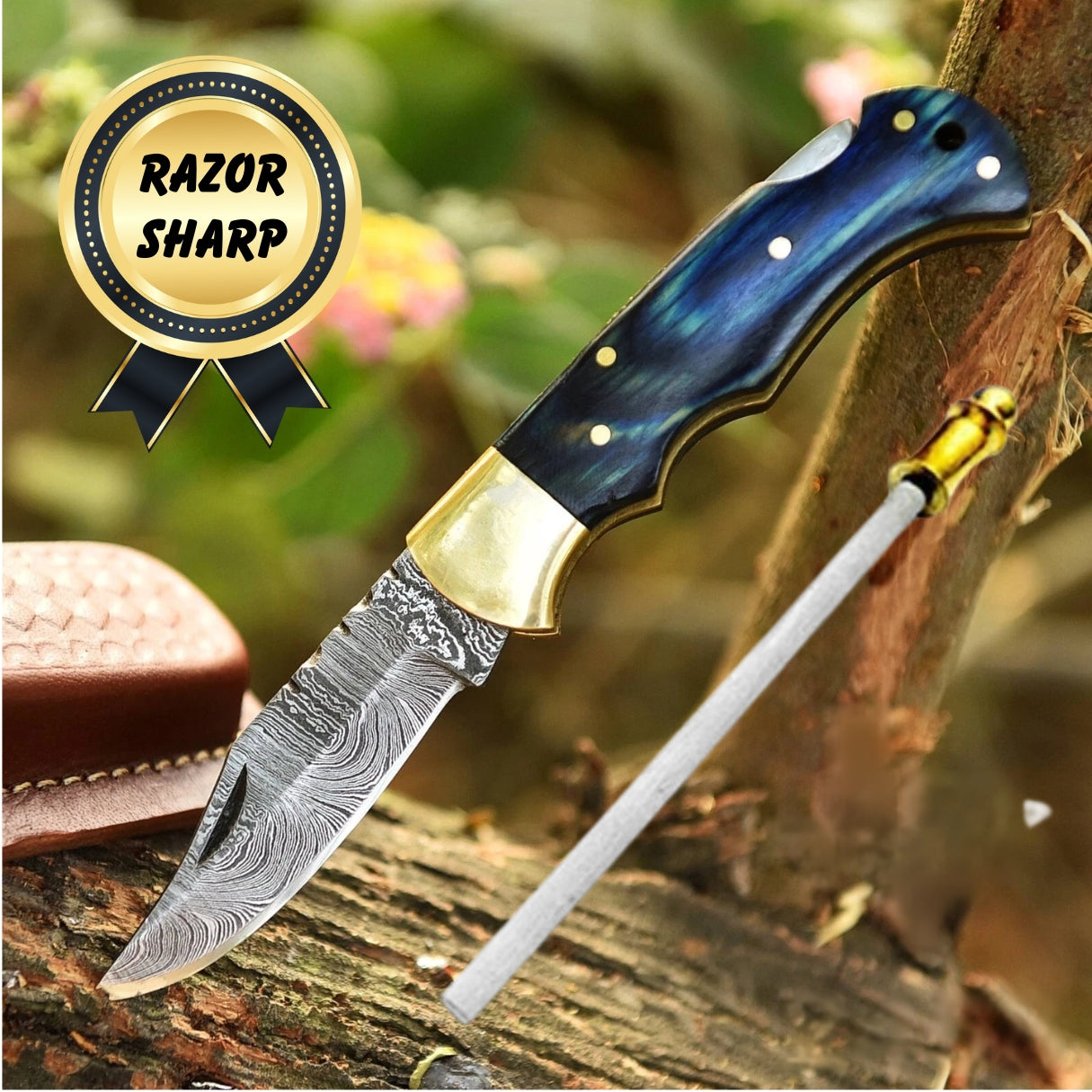 Handmade Folding Knife Gift – Blue Wood Handle EDC