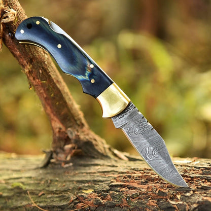 Handmade Folding Knife Gift – Blue Wood Handle EDC