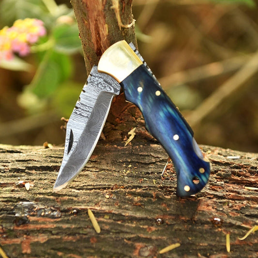 Handmade Folding Knife Gift – Blue Wood Handle EDC