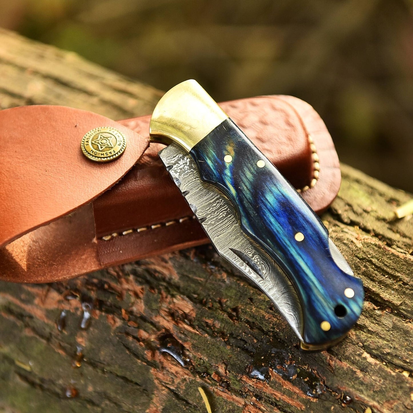 Handmade Folding Knife Gift – Blue Wood Handle EDC
