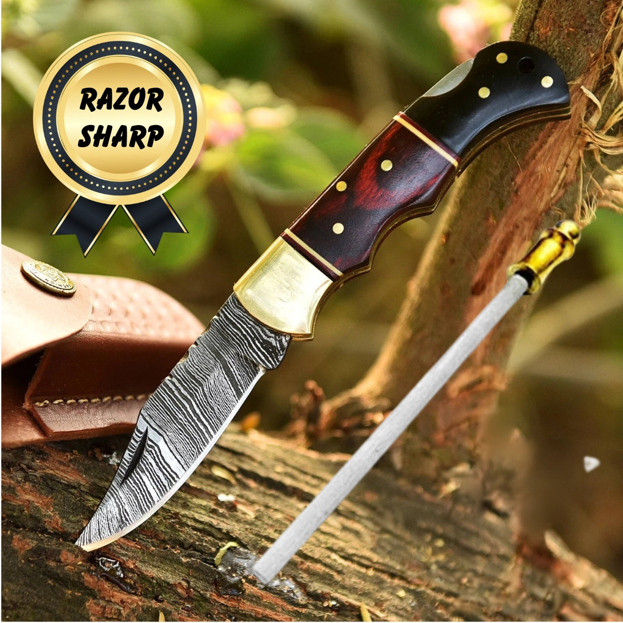 Handmade Pocket Knife Gift – Black & Red Wood, EDC Tool