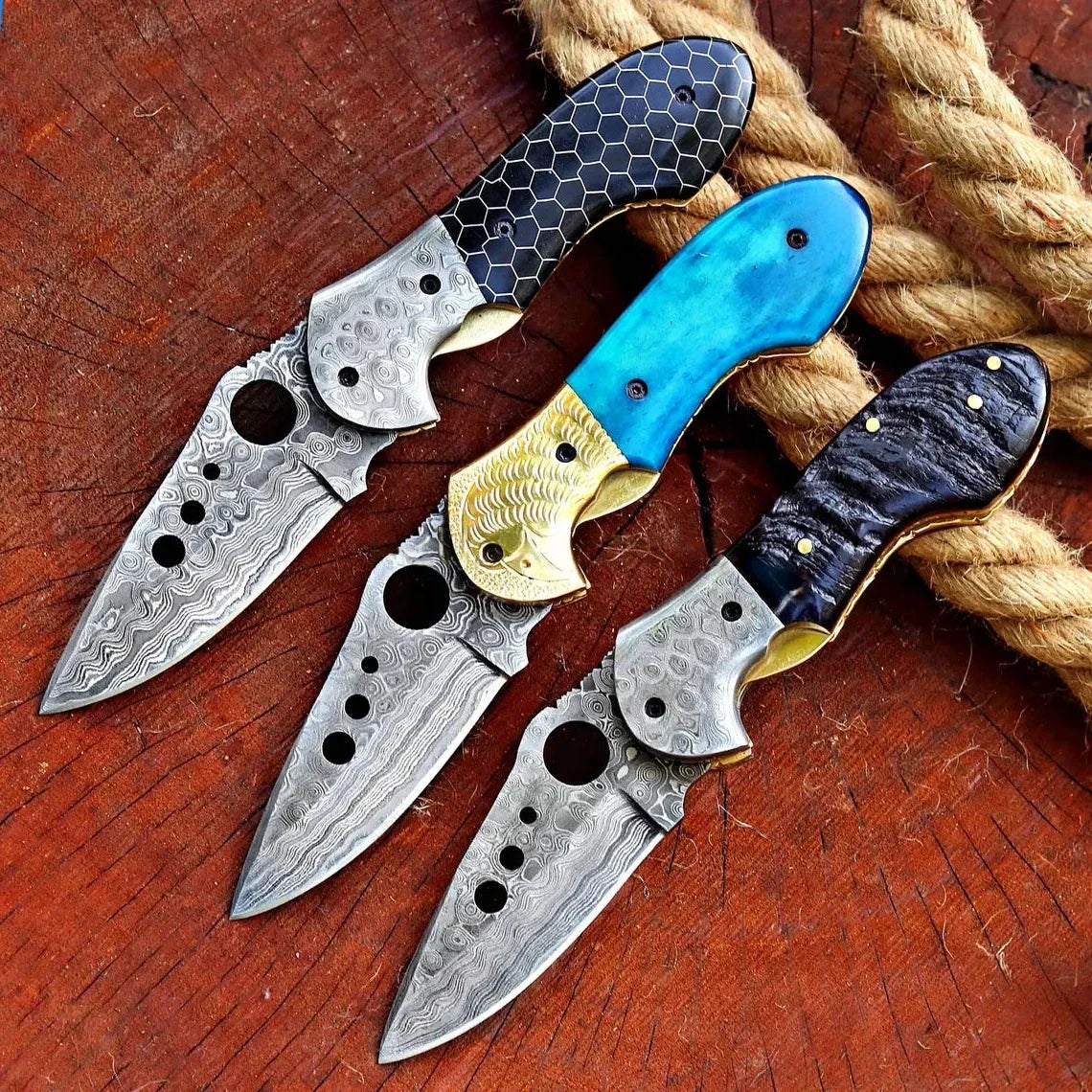 Damascus Steel Pocket Knife In Three Variations