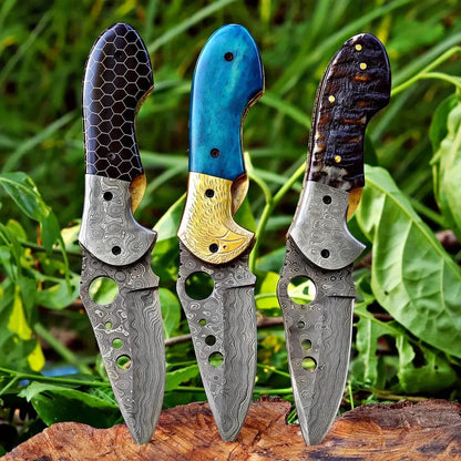 Damascus Steel Pocket Knife In Three Variations
