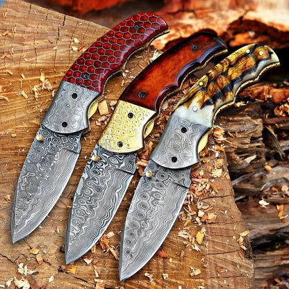 Damascus Steel Pocket Knife In Three Variations