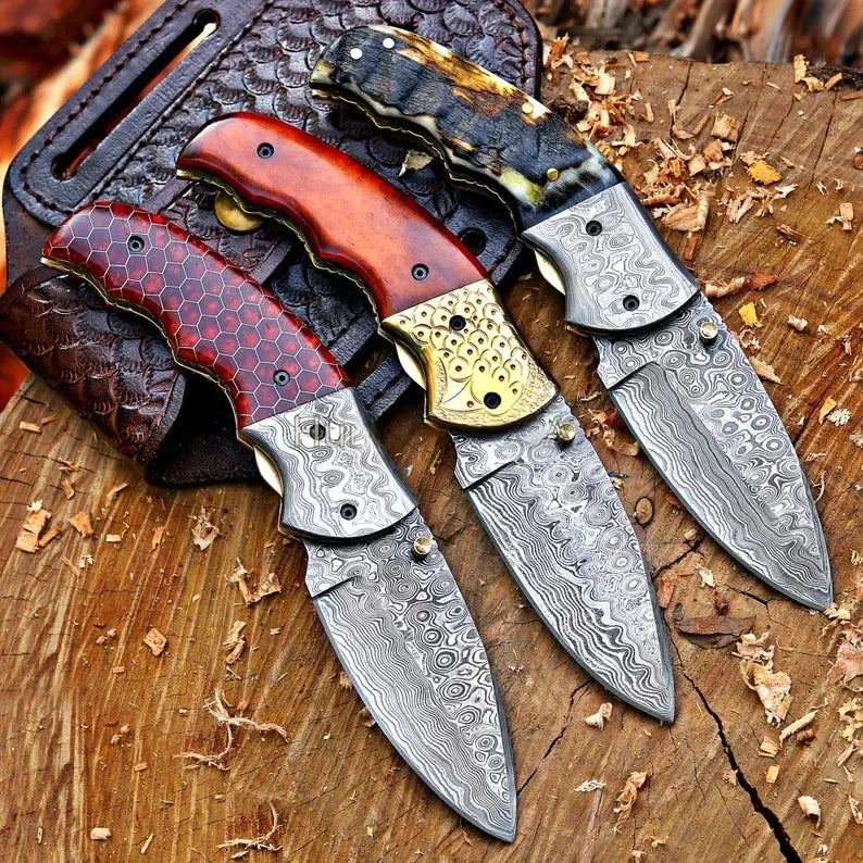 Damascus Steel Pocket Knife In Three Variations