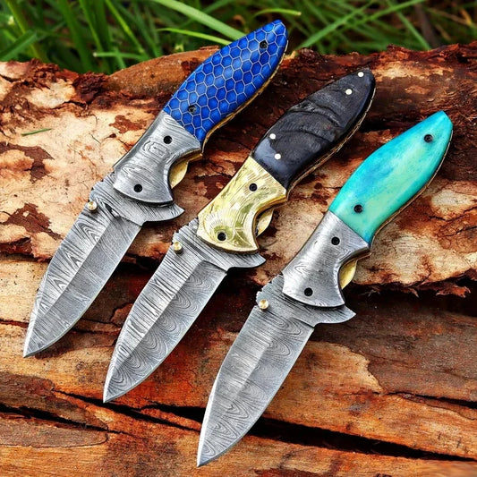 Damascus Steel Pocket Knife In Three Variations
