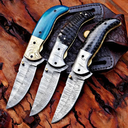 Damascus Steel Pocket Knife In Three Variations
