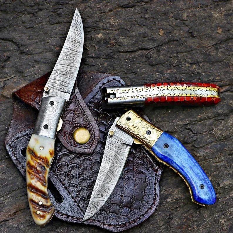 Damascus Steel Pocket Knife In Three Variations