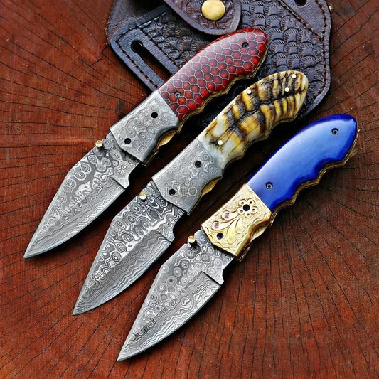 Damascus Steel Pocket Knife In Three Variations