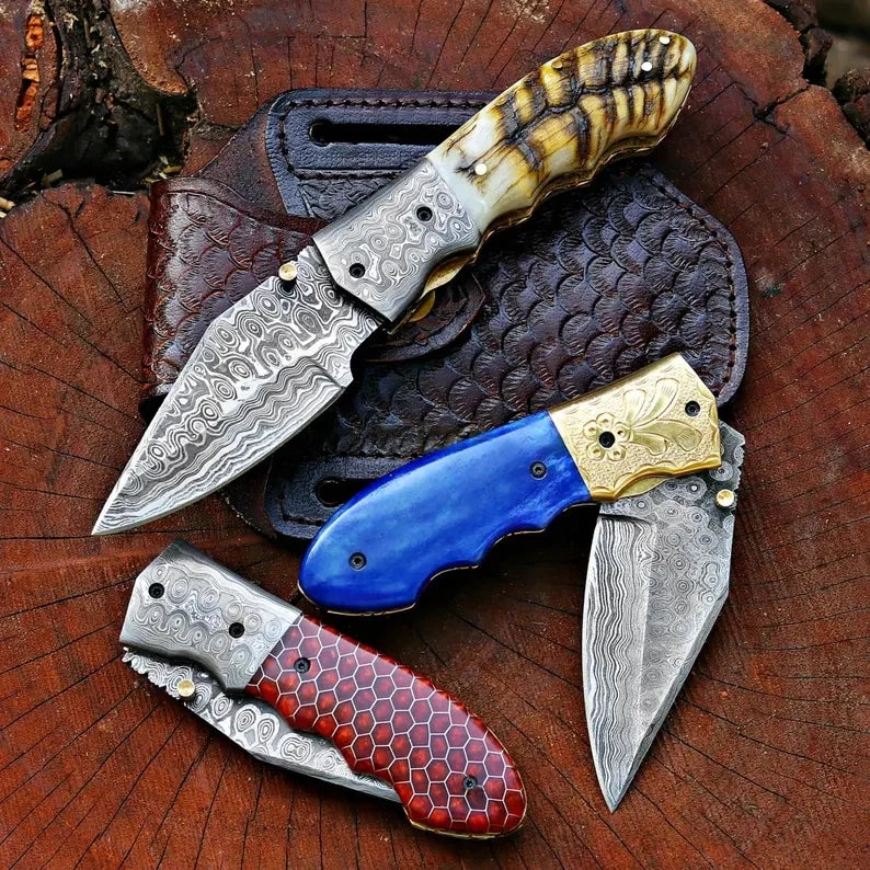 Damascus Steel Pocket Knife In Three Variations