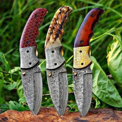 Damascus Steel Pocket Knife In Three Variations